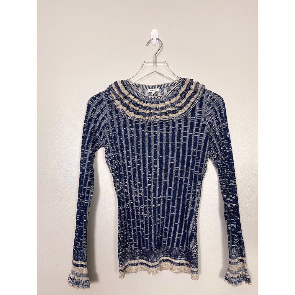 NWT Manoush Blue Gold Metallic Ruffle Ribbed Long Sleeve Shirt Size Small